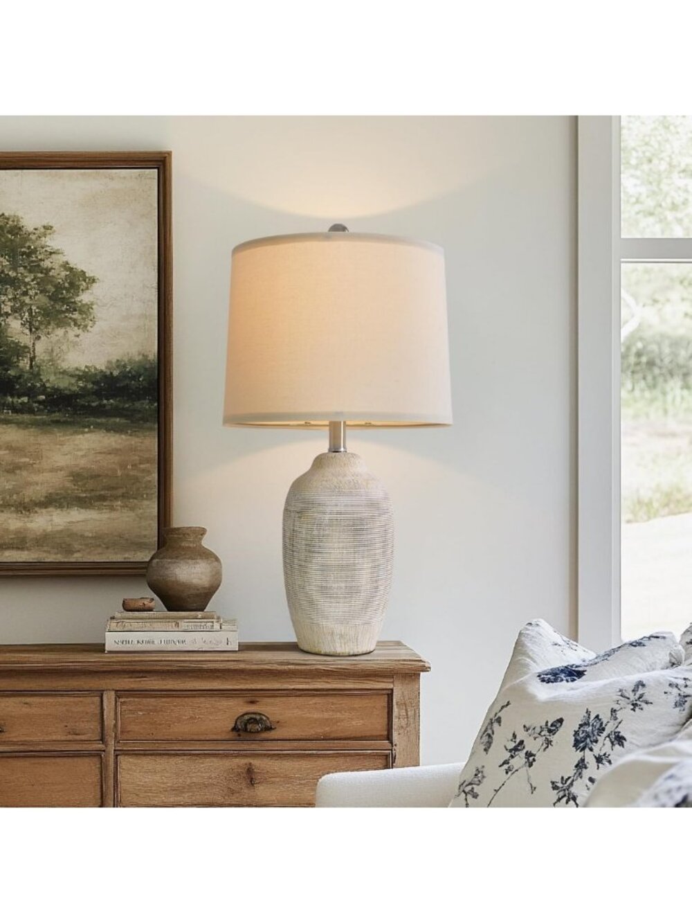 Vintage 24" Ceramic Table Lamp - Rustic Farmhouse Nightstand Light, Beige Finish